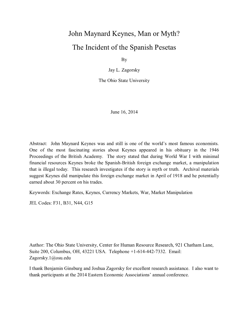 John Maynard Keynes, Man Or Myth? the Incident of the Spanish Pesetas
