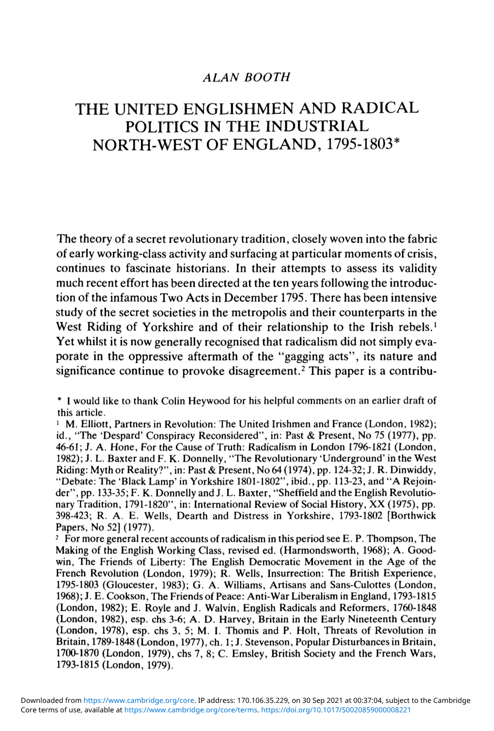 The United Englishmen and Radical Politics in the Industrial North-West of England, 1795-1803*