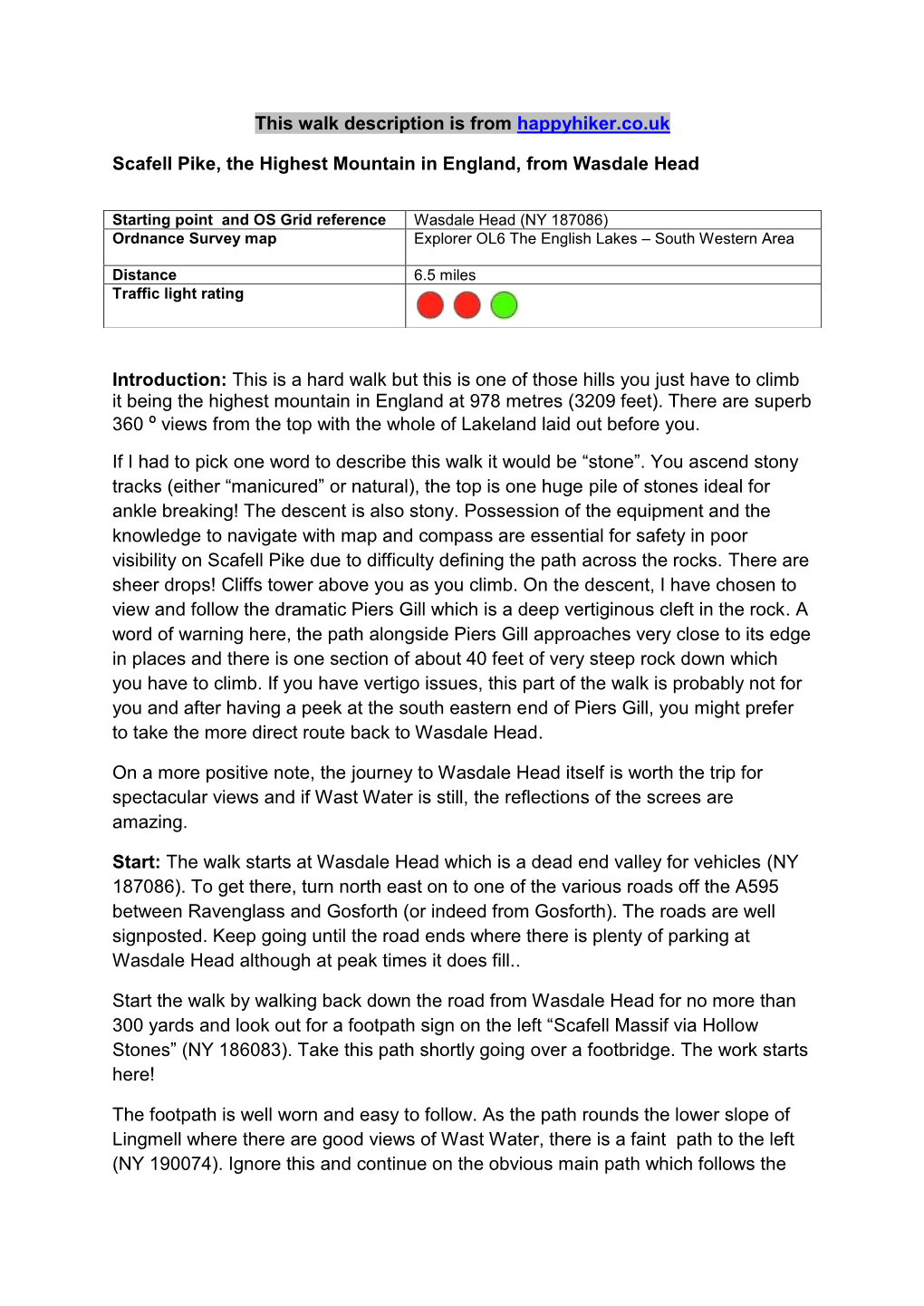 This Walk Description Is from Happyhiker.Co.Uk Scafell Pike, the Highest Mountain in England, from Wasdale Head Introduction: Th