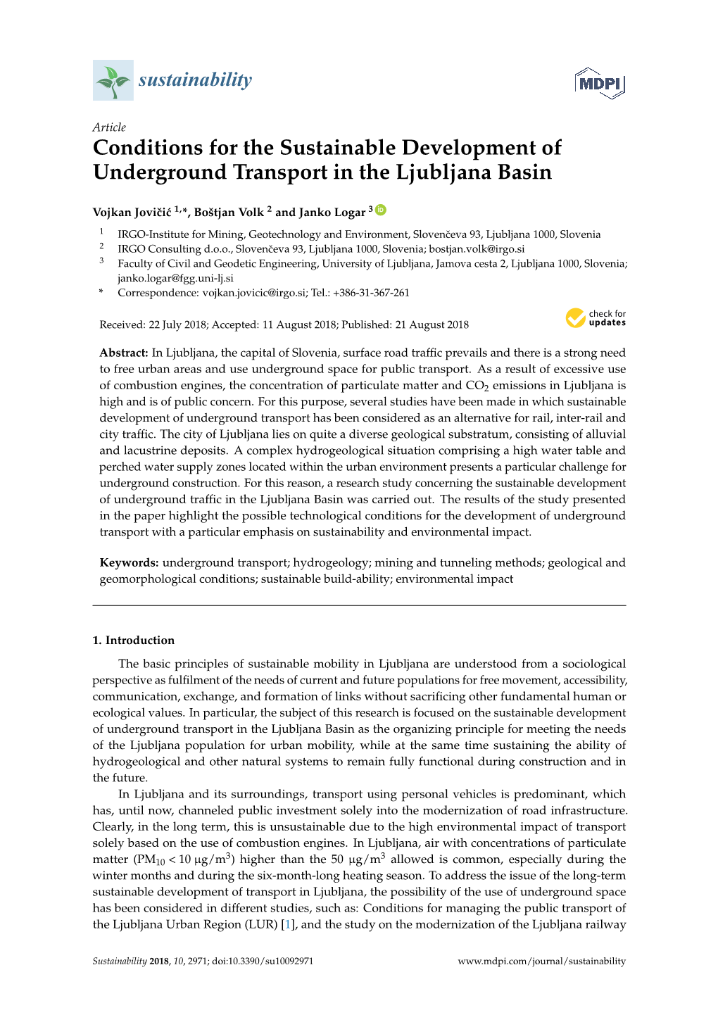 Conditions for the Sustainable Development of Underground Transport in the Ljubljana Basin