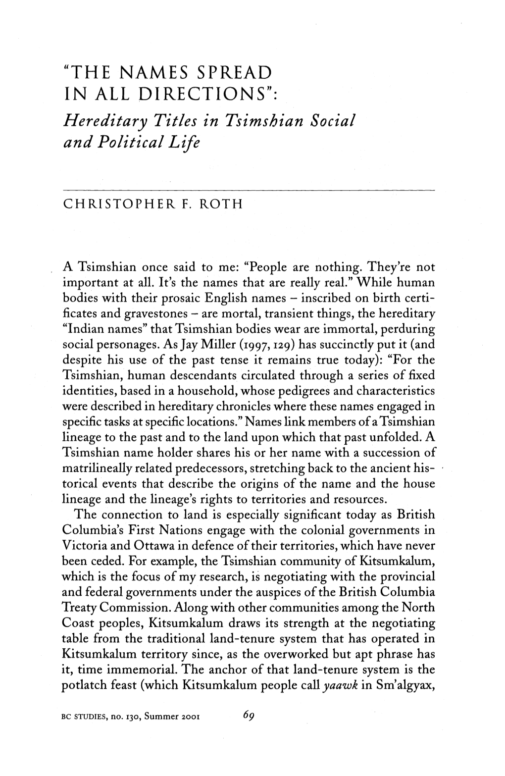 "THE NAMES SPREAD in ALL DIRECTIONS": Hereditary Titles in Tsimshian Social and Political Life