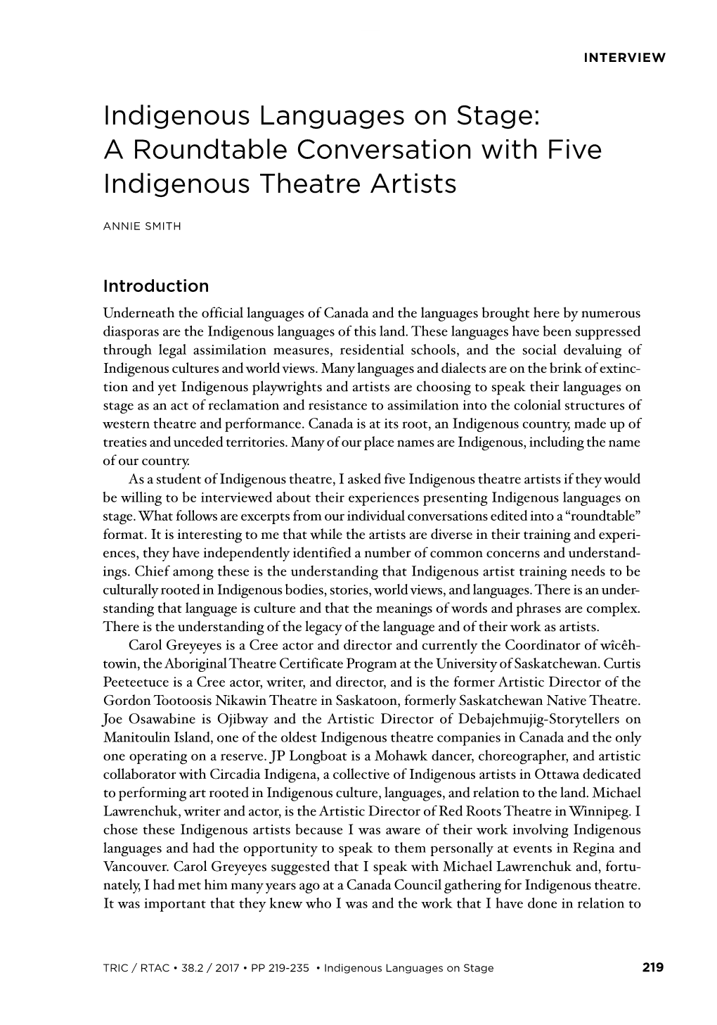 Indigenous Languages on Stage: a Roundtable Conversation with Five Indigenous Theatre Artists