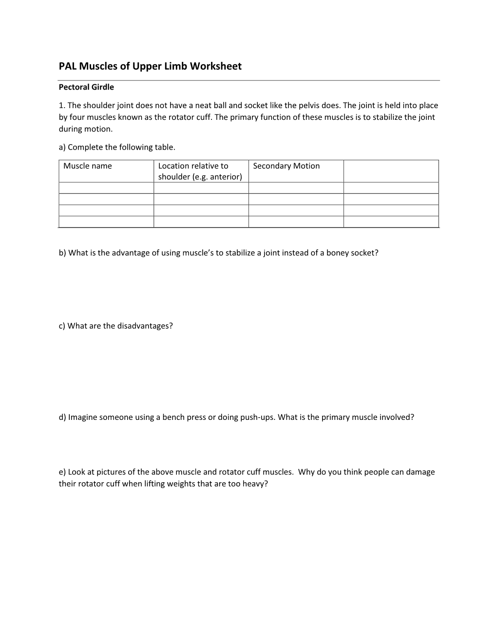 PAL Muscles of Upper Limb Worksheet