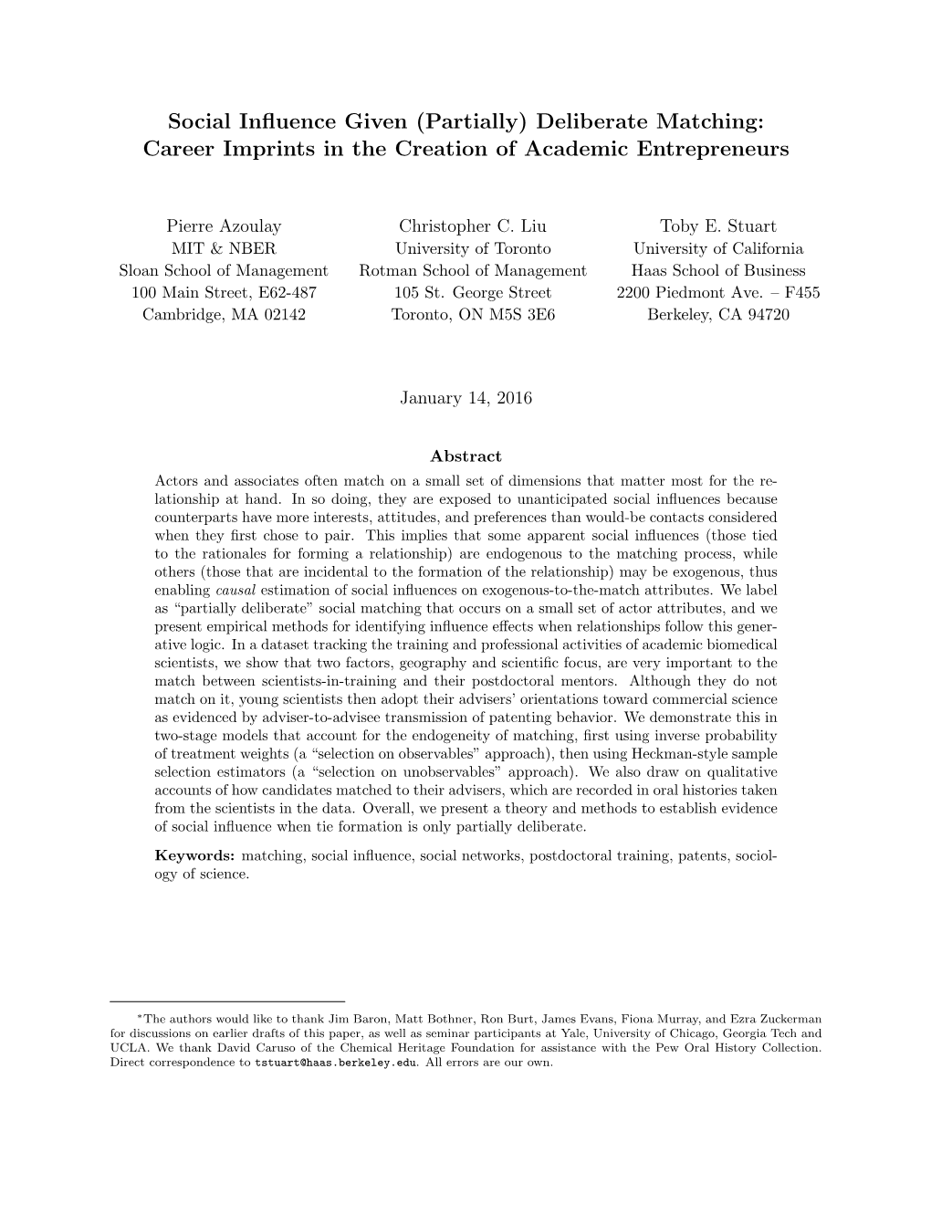 Deliberate Matching: Career Imprints in the Creation of Academic Entrepreneurs