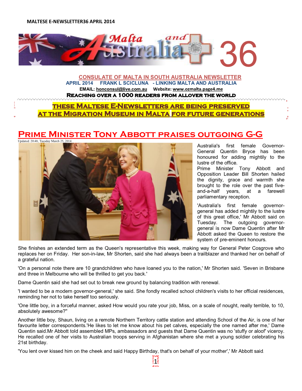 Prime Minister Tony Abbott Praises Outgoing