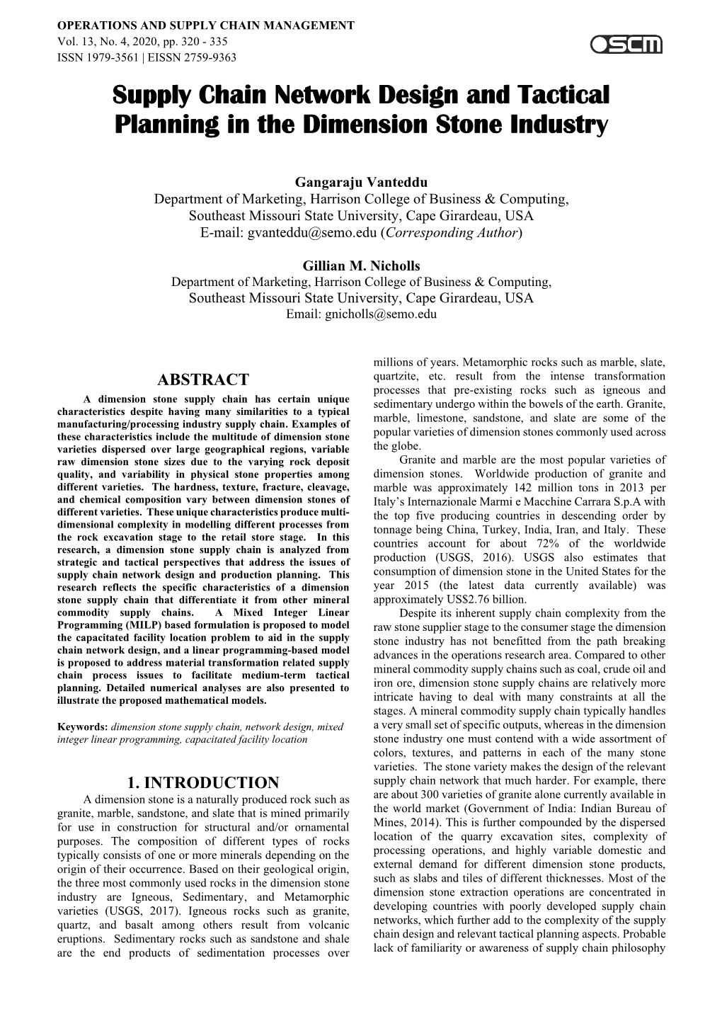 Supply Chain Network Design and Tactical Planning in the Dimension Stone Industry