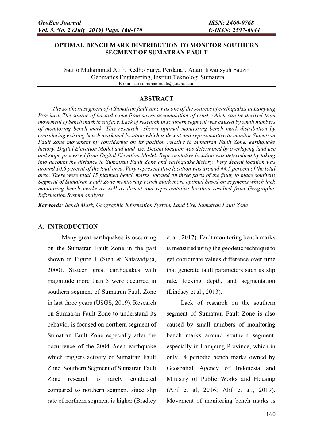 Geoeco Journal ISSN: 2460-0768 Vol. 5, No. 2 (July 2019) Page. 160-170 E-ISSN: 2597-6044