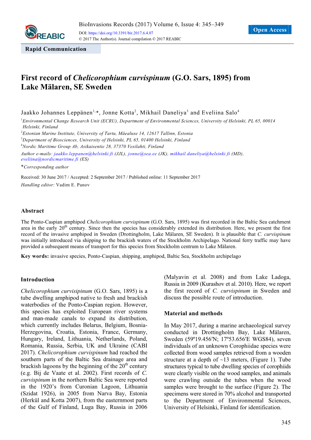 First Record of Chelicorophium Curvispinum (GO Sars
