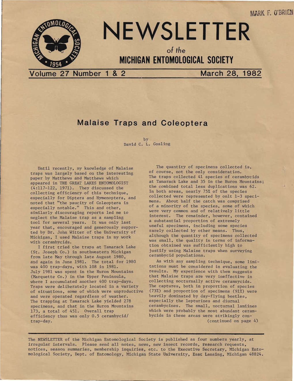 NEWSLETTER of the MICHIGAN ENTOMOLOGICAL SOCIETY Volume 27 Number 1 & 2 March 28, 1982
