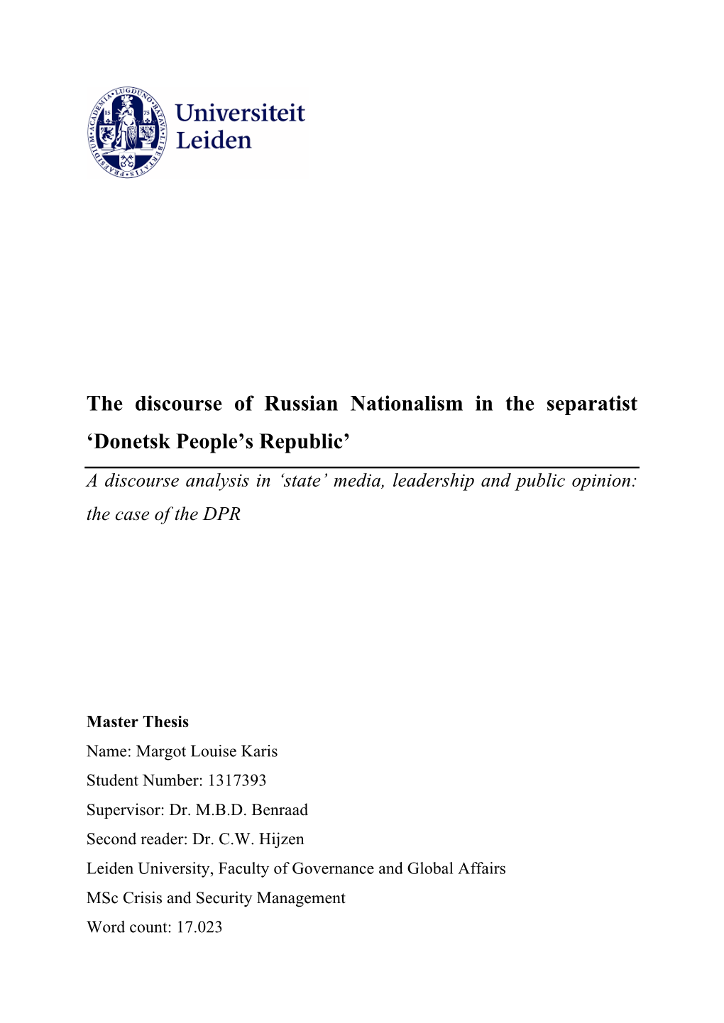 The Discourse of Russian Nationalism in the Separatist 'Donetsk People's