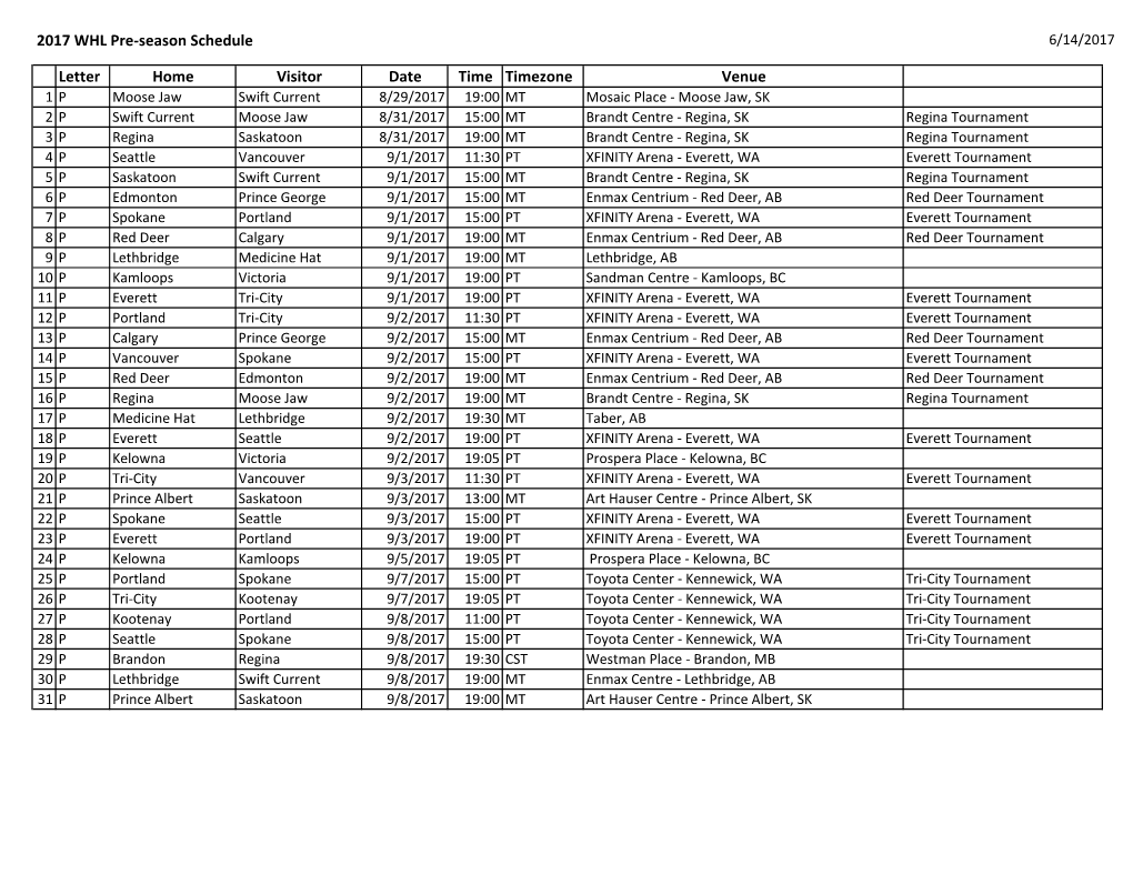 2017 WHL Pre-Season Schedule Letter Home Visitor Date Time