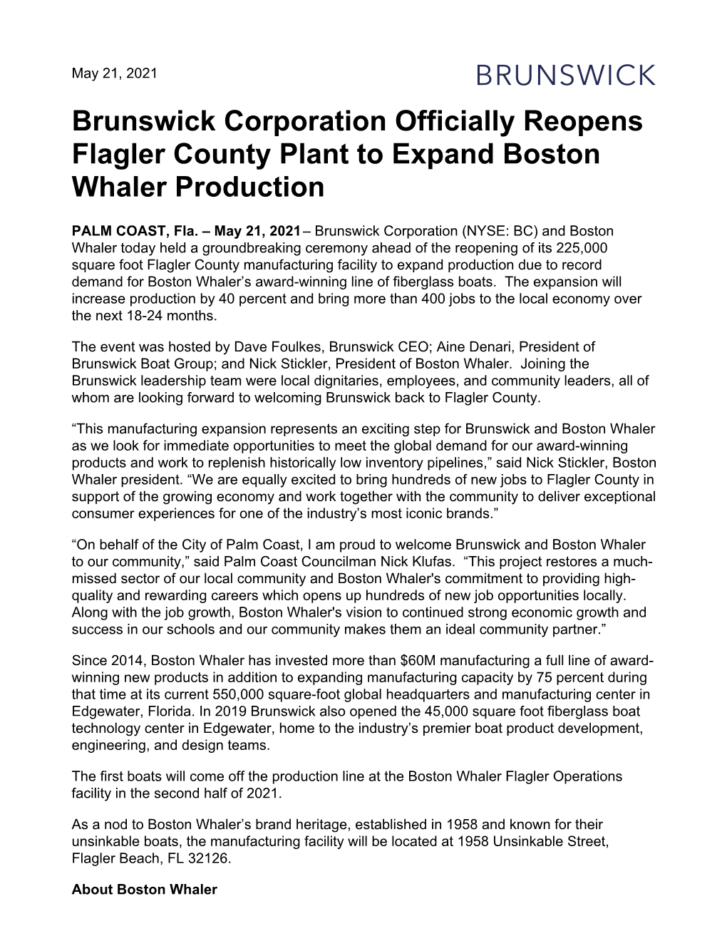 Brunswick Corporation Officially Reopens Flagler County Plant to Expand Boston Whaler Production