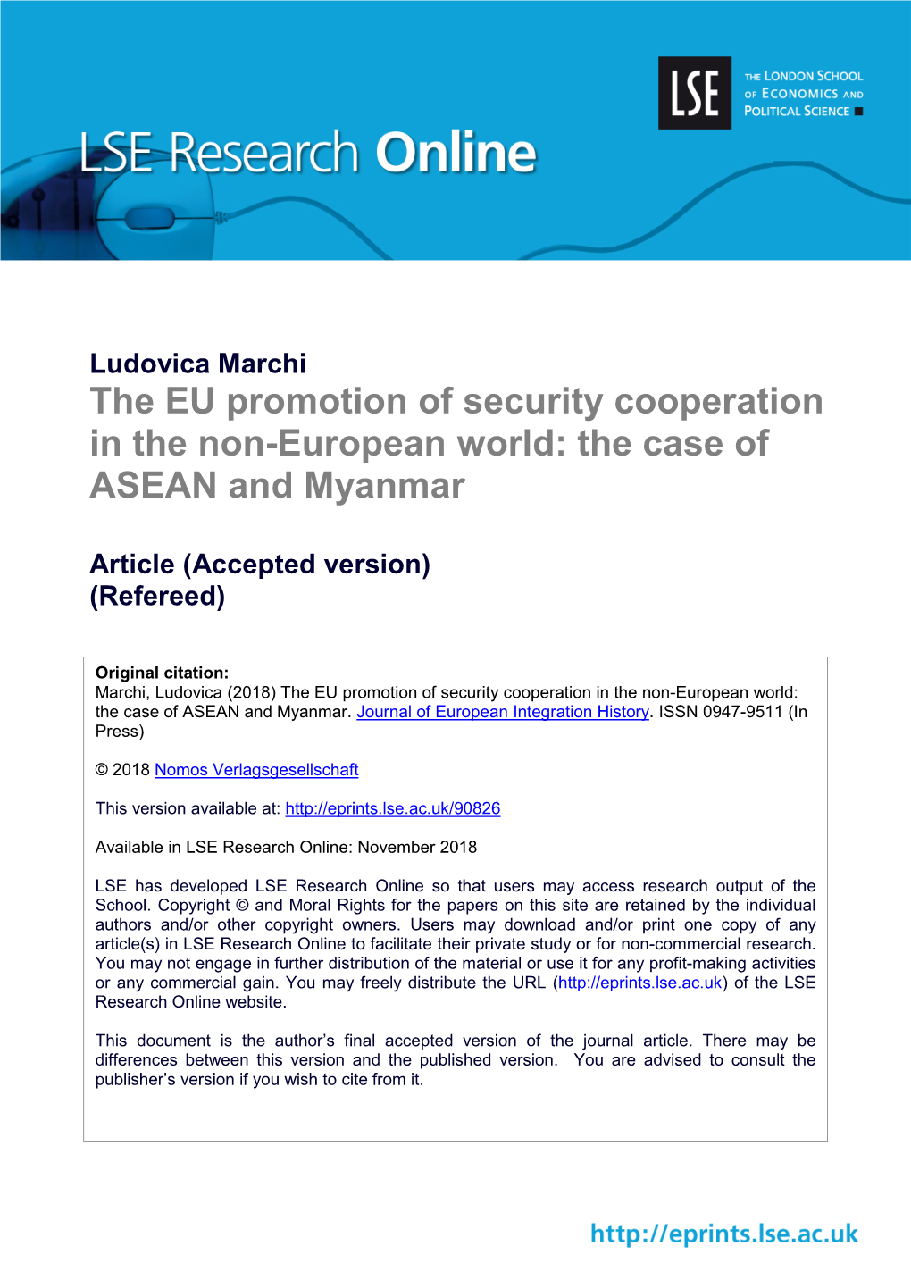 The EU Promotion of Security Cooperation in the Non-European World: the Case of ASEAN and Myanmar