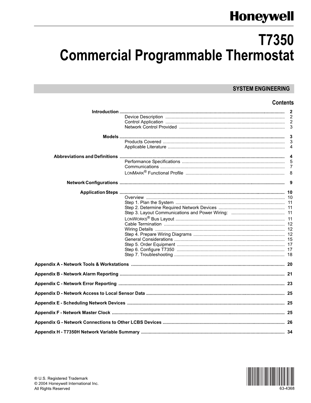 63-4368 T7350 Commercial Programmable Thermostat Introduction
