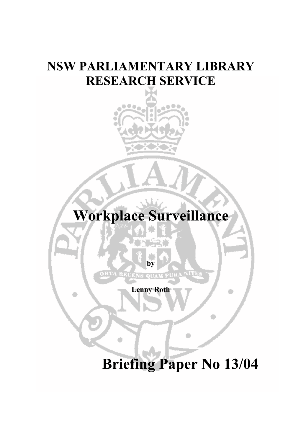 Workplace Surveillance Briefing Paper No 13/04