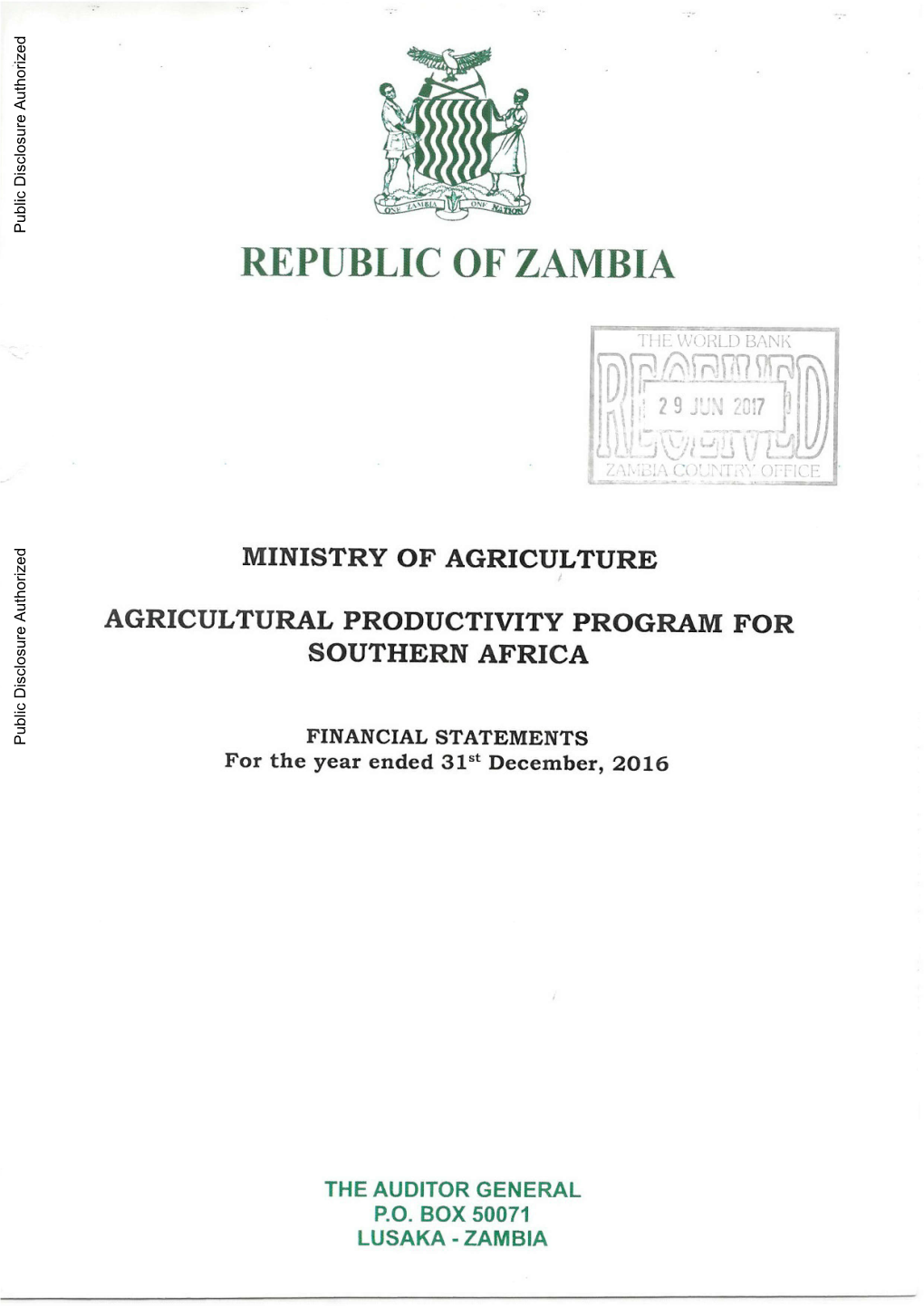 AGRICULTURAL PRODUCTIVITY PROGRAMME for SOUTHERN AFRICA STATEMENT of SOURCES and UTILISATION of FUNDS for the YEAR ENDED 31S' DECEMBER 2016