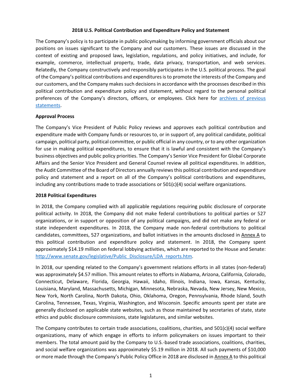 1 2018 U.S. Political Contribution and Expenditure Policy and Statement