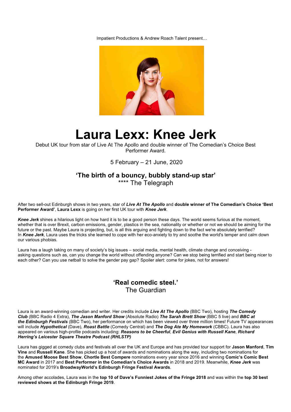 Laura Lexx: Knee Jerk Debut UK Tour from Star of Live at the Apollo and Double Winner of the Comedian’S Choice Best Performer Award