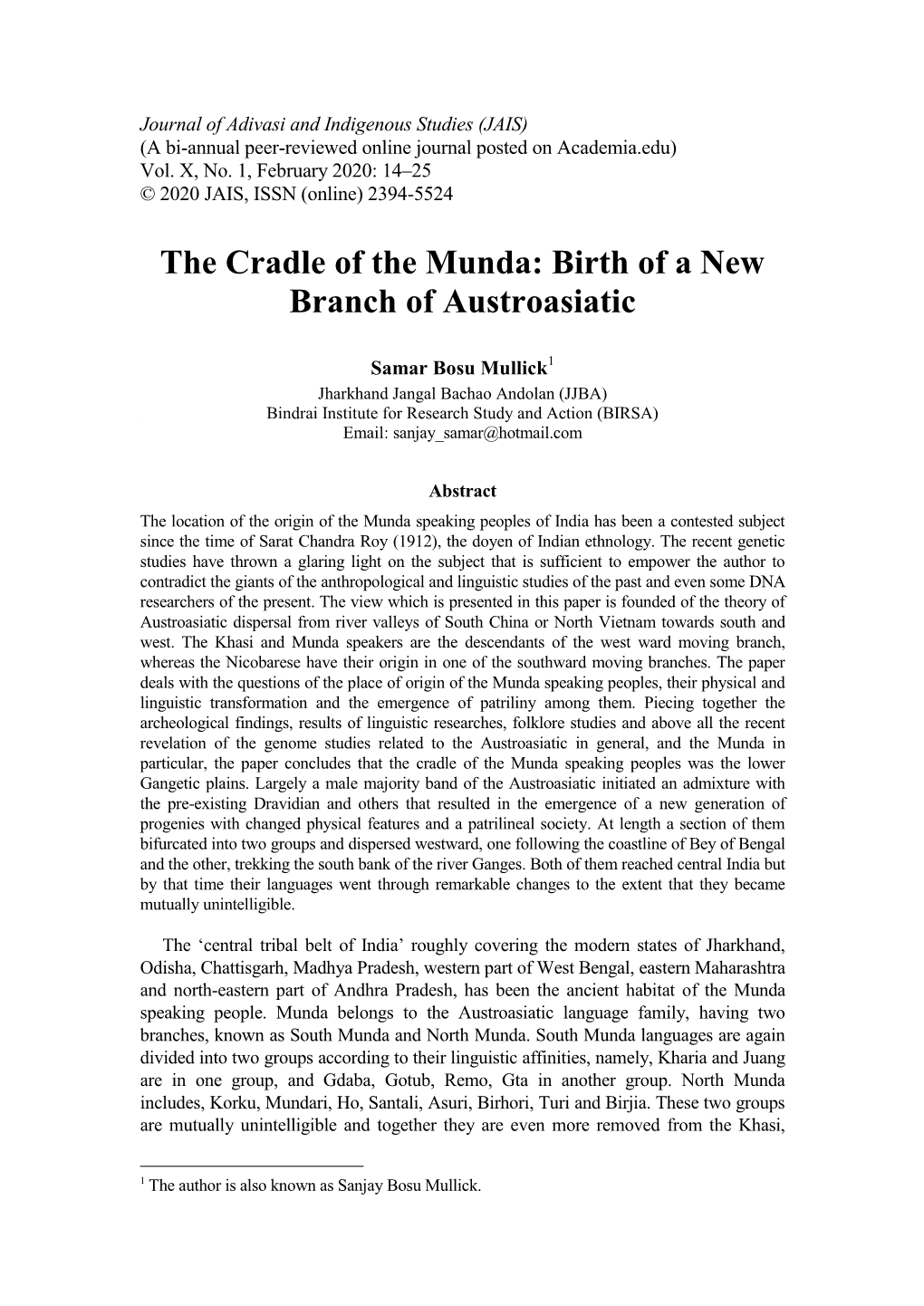 The Cradle of the Munda: Birth of a New Branch of Austroasiatic