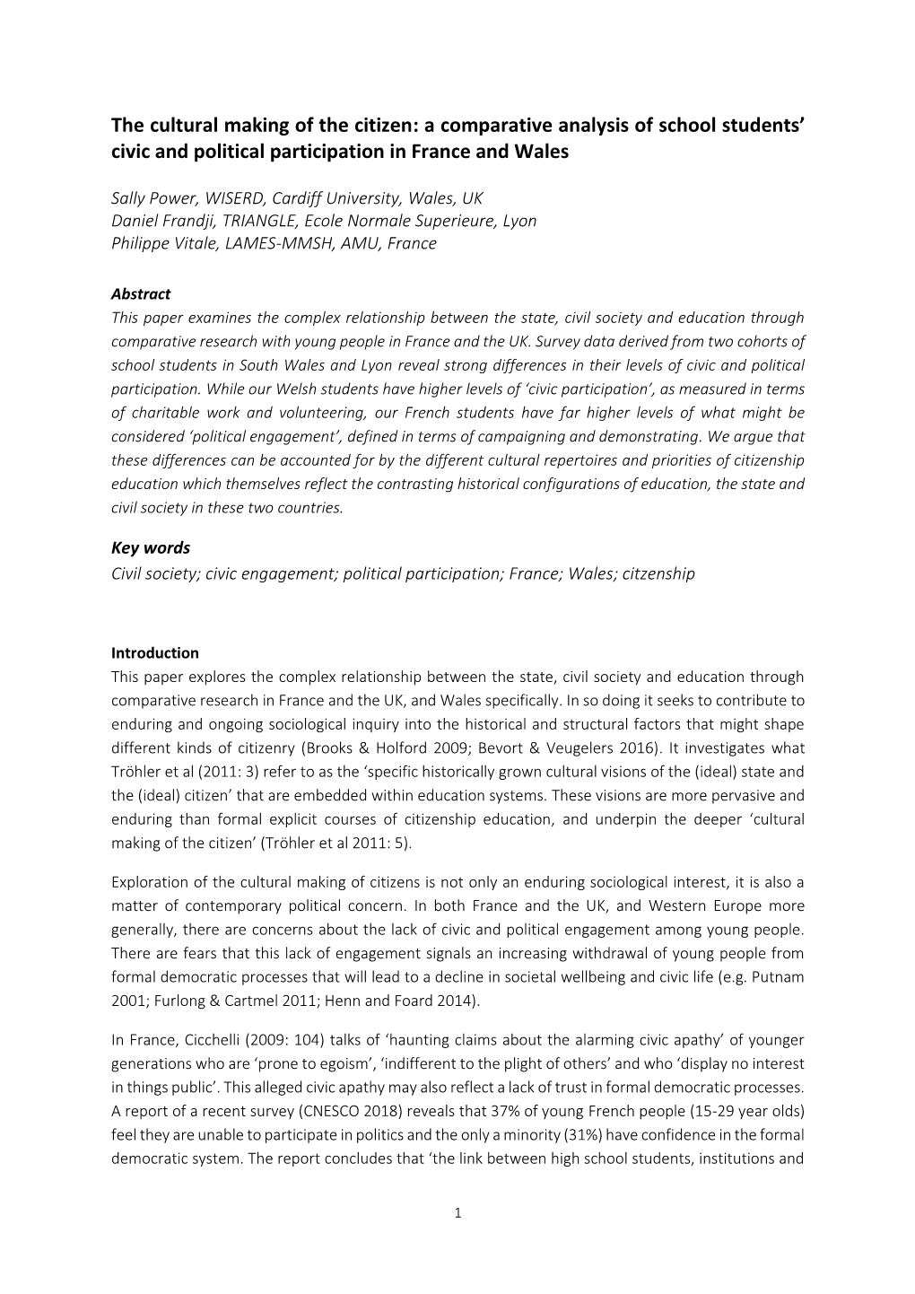 The Cultural Making of the Citizen: a Comparative Analysis of School Students’ Civic and Political Participation in France and Wales