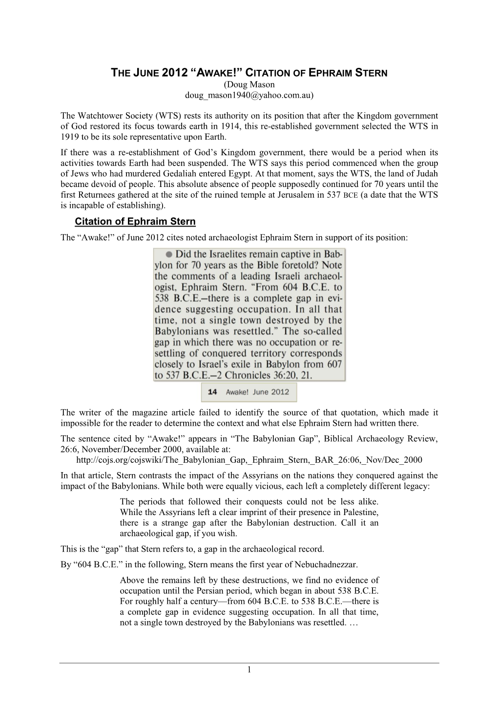 The June 2012 Awake Citation of Ephraim Stern