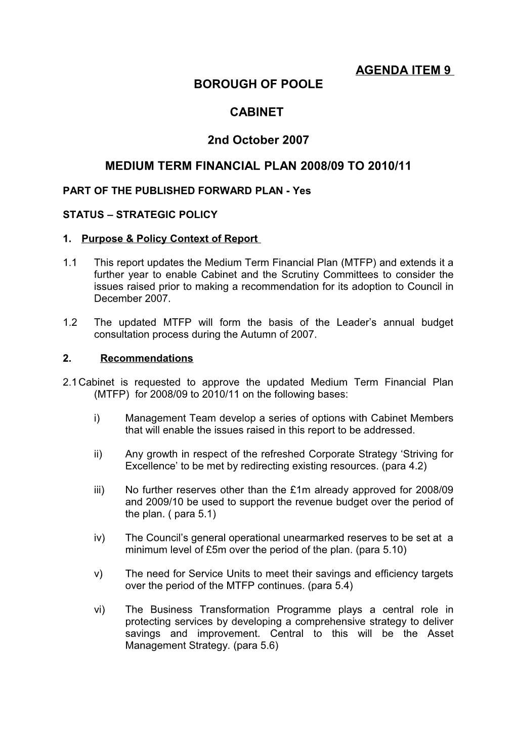 Medium Term Financial Plan 2008/09 to 2010/11