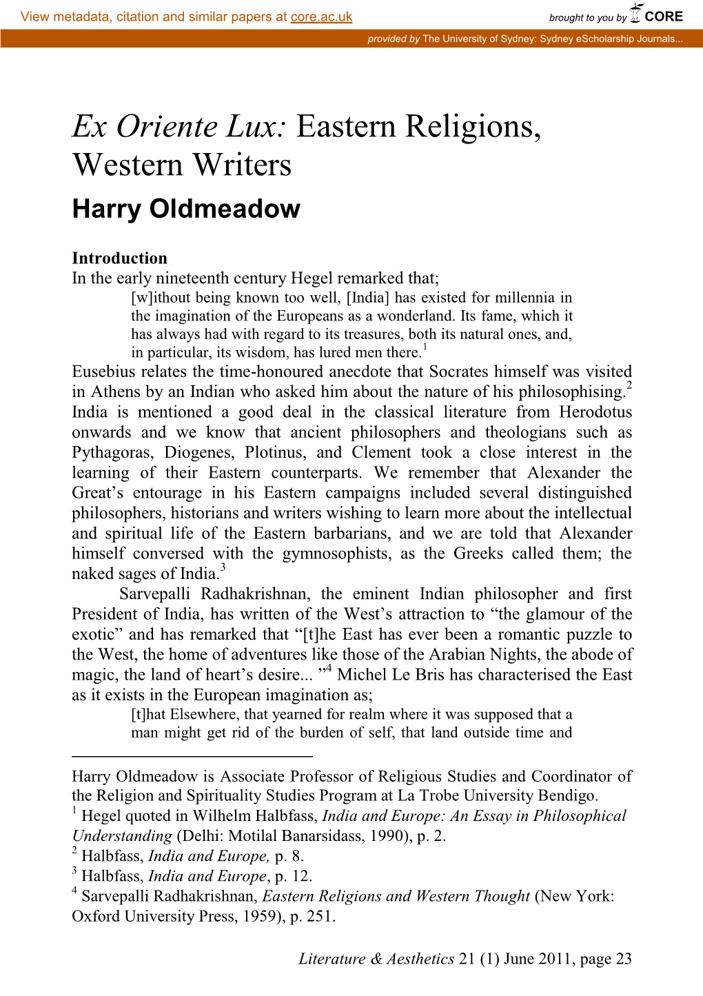 Ex Oriente Lux: Eastern Religions, Western Writers Harry Oldmeadow