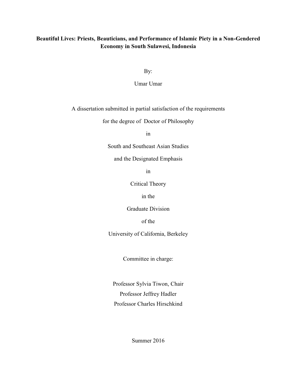 Priests, Beauticians, and Performance of Islamic Piety in a Non-Gendered Economy in South Sulawesi, Indonesia