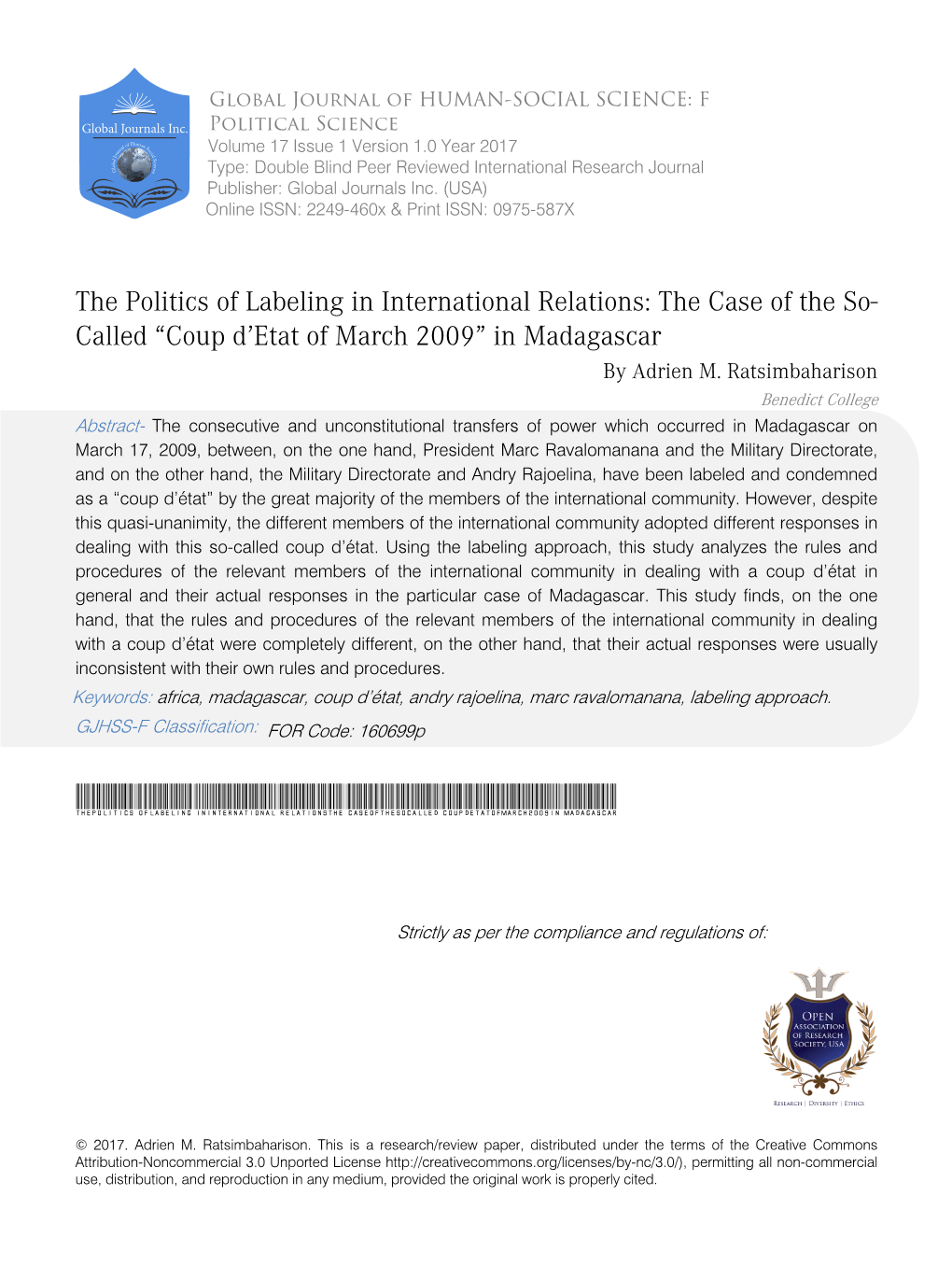 The Politics of Labeling in International Relations: the Case of the So- Called “Coup D’Etat of March 2009” in Madagascar by Adrien M