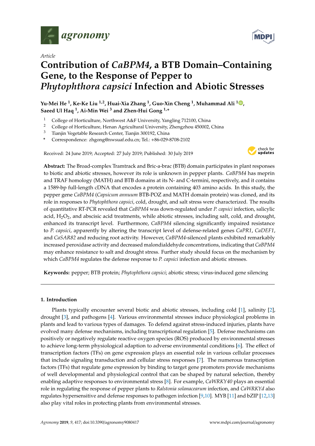 Contribution of Cabpm4, a BTB Domain–Containing Gene, to the Response of Pepper to Phytophthora Capsici Infection and Abiotic Stresses