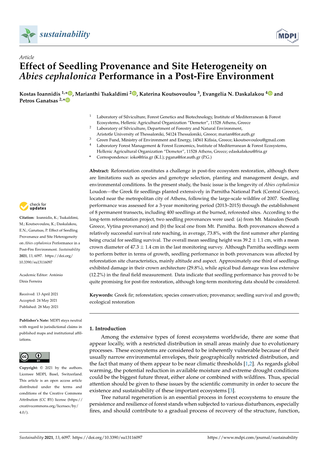 Effect of Seedling Provenance and Site Heterogeneity on Abies Cephalonica Performance in a Post-Fire Environment
