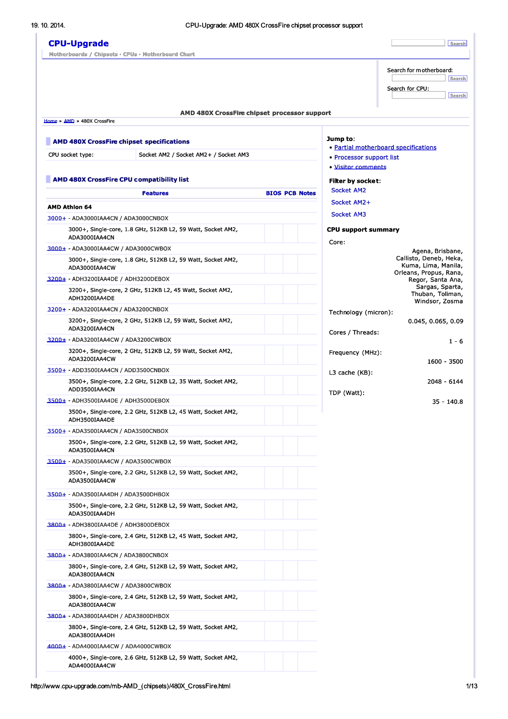 CPU-Upgrade Search Motherboards / Chipsets · Cpus · Motherboard Chart