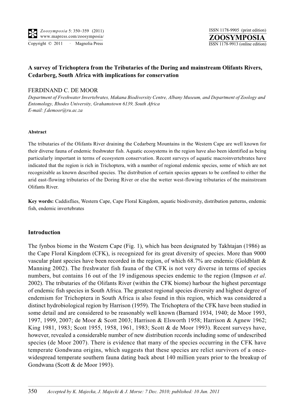 A Survey of Trichoptera from the Tributaries of the Doring and Mainstream Olifants Rivers, Cedarberg, South Africa with Implications for Conservation