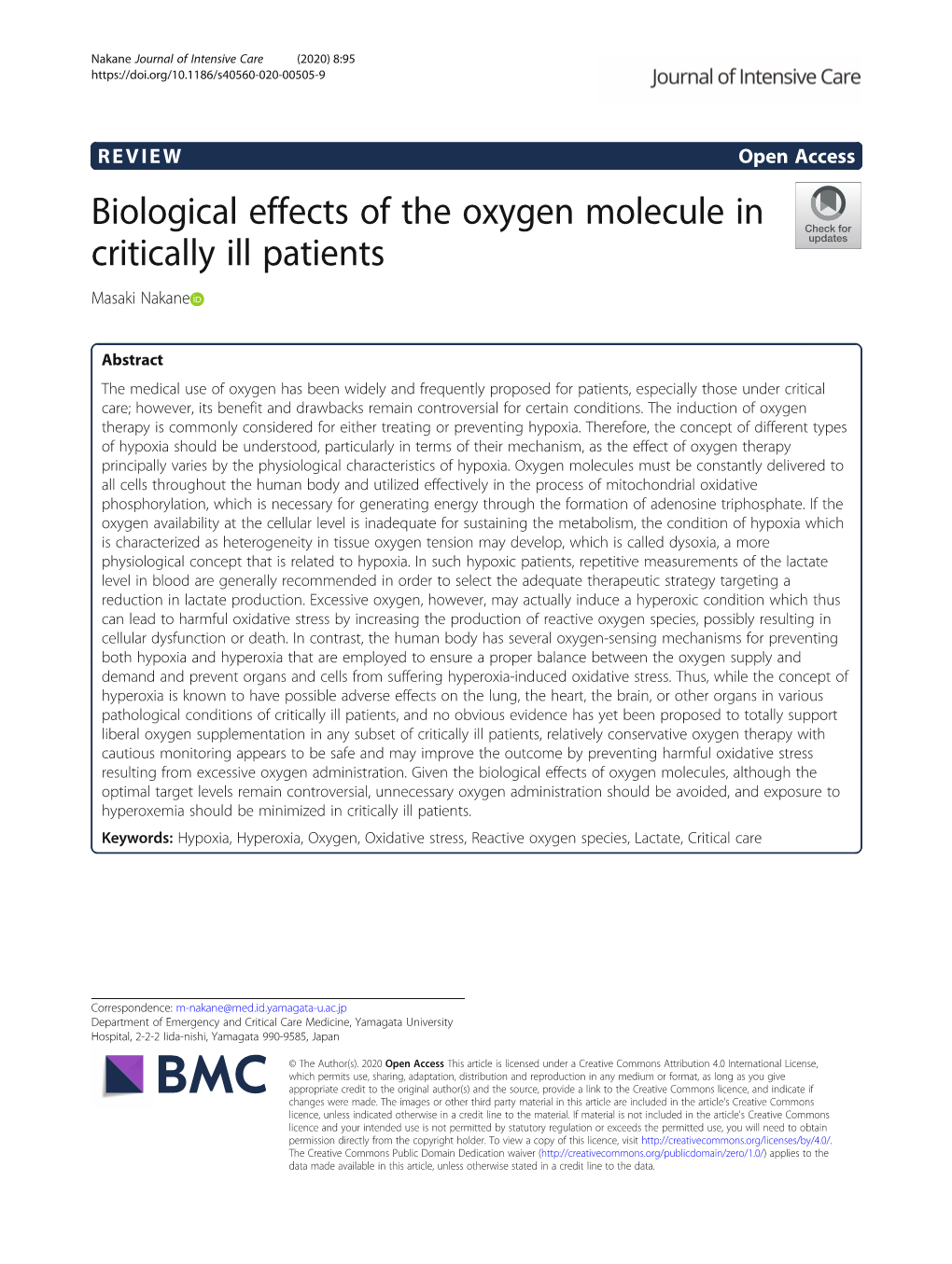 Biological Effects of the Oxygen Molecule in Critically Ill Patients Masaki Nakane