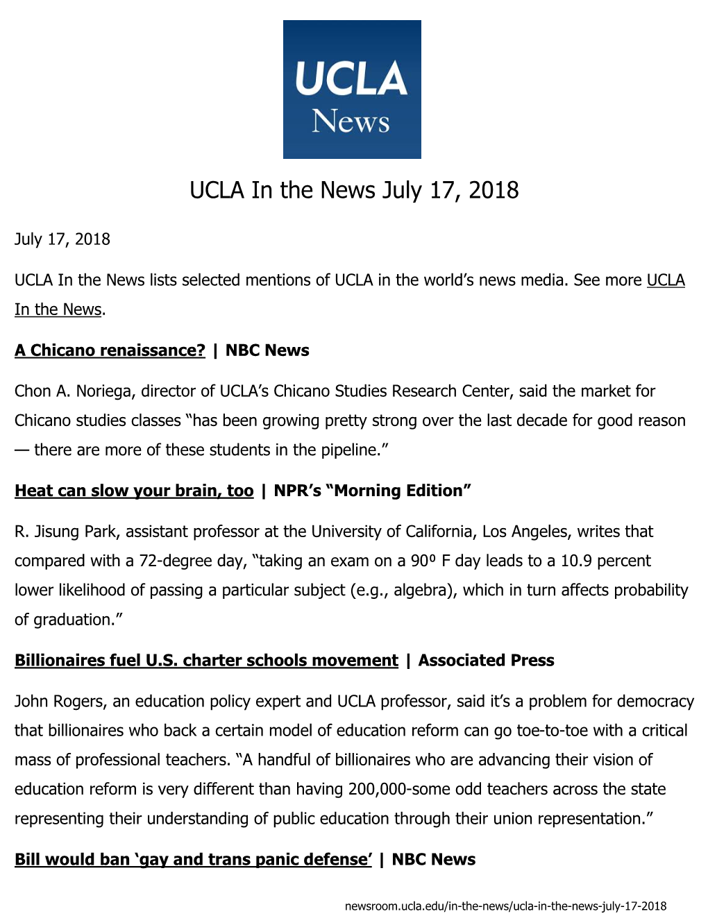 UCLA in the News July 17, 2018