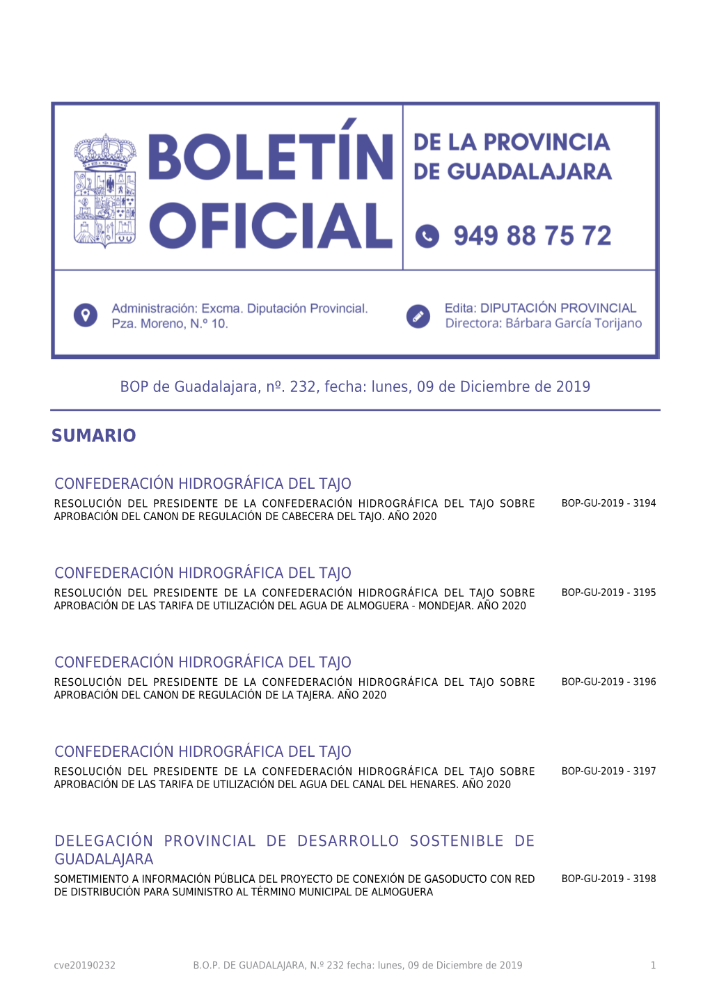 BOP De Guadalajara, Nº. 232, Fecha: Lunes, 09 De Diciembre De 2019