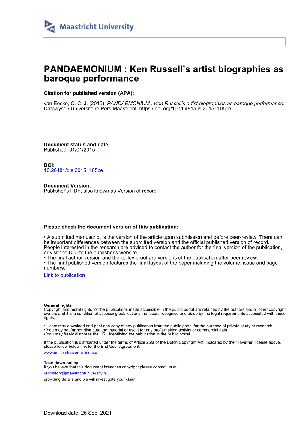 PANDAEMONIUM Ken Russell's Artist Biographies As Baroque Performance