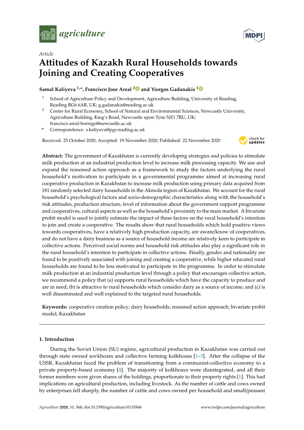 Attitudes of Kazakh Rural Households Towards Joining and Creating Cooperatives