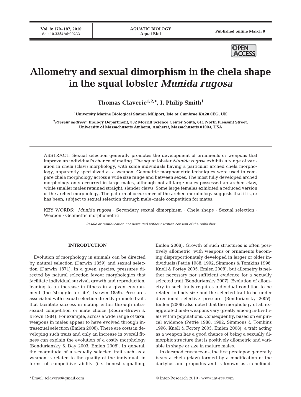 Allometry and Sexual Dimorphism in the Chela Shape in the Squat Lobster Munida Rugosa
