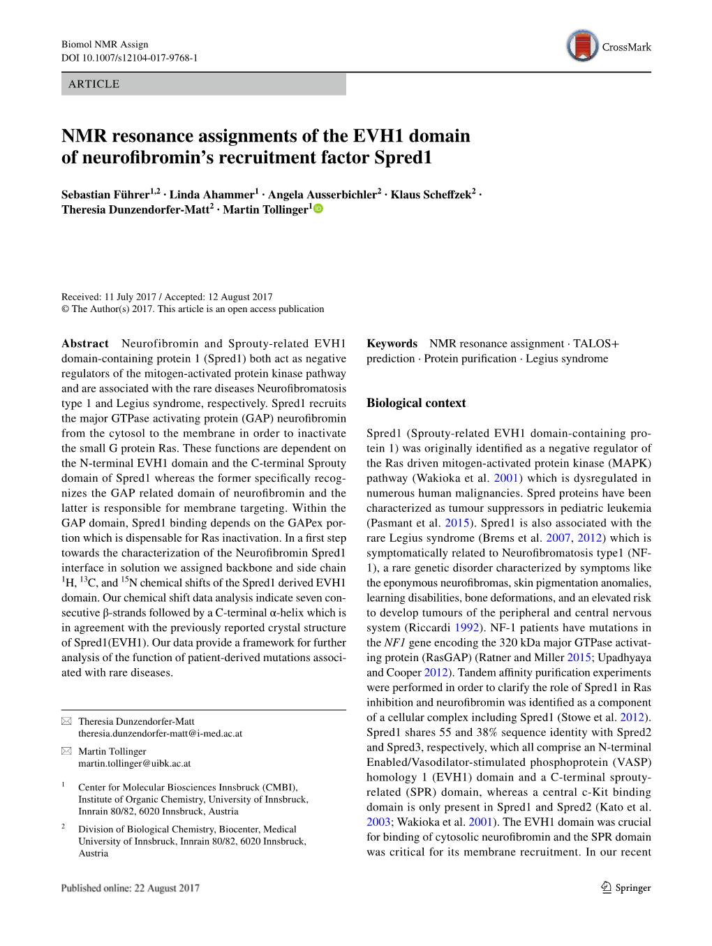 NMR Resonance Assignments of the EVH1 Domain of Neurofibromin's