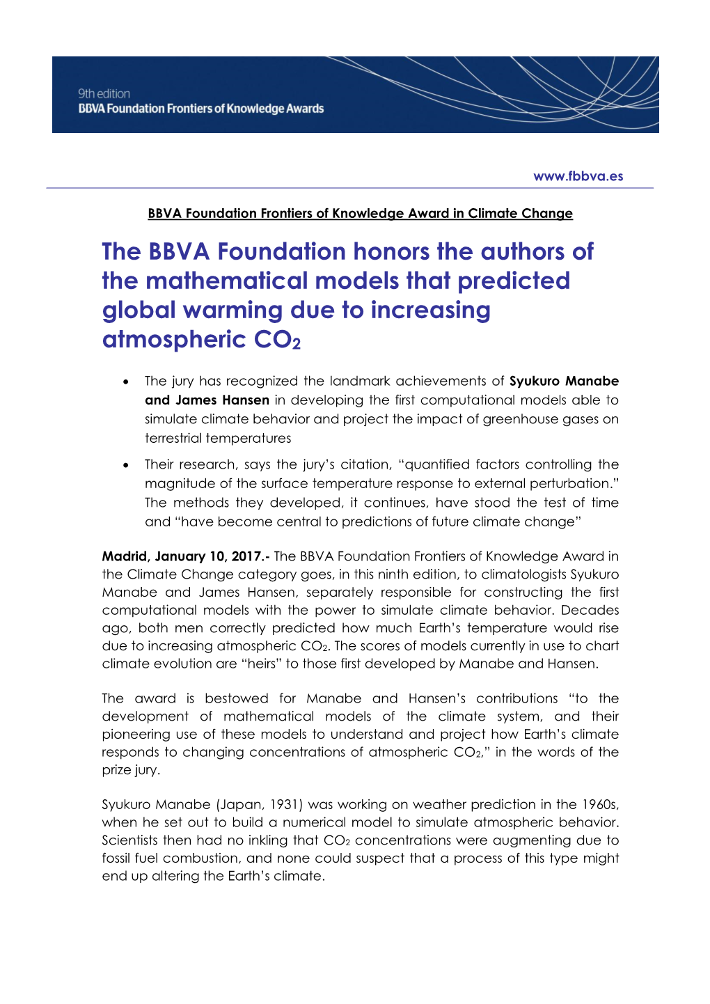 The BBVA Foundation Honors the Authors of the Mathematical Models That Predicted Global Warming Due to Increasing Atmospheric CO2