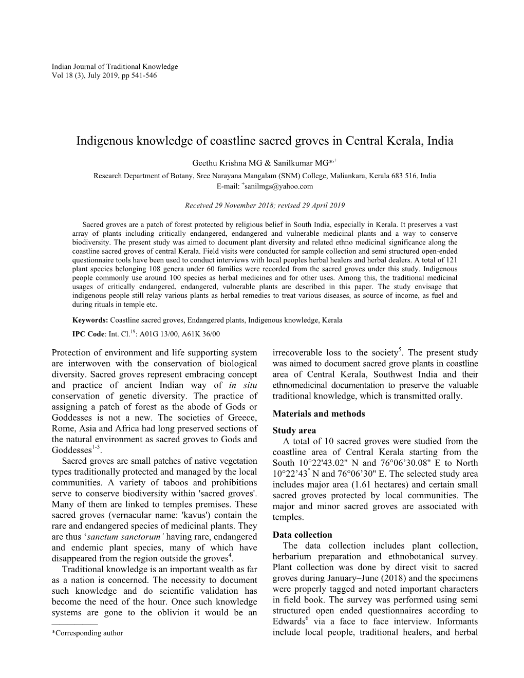 Indigenous Knowledge of Coastline Sacred Groves in Central Kerala, India