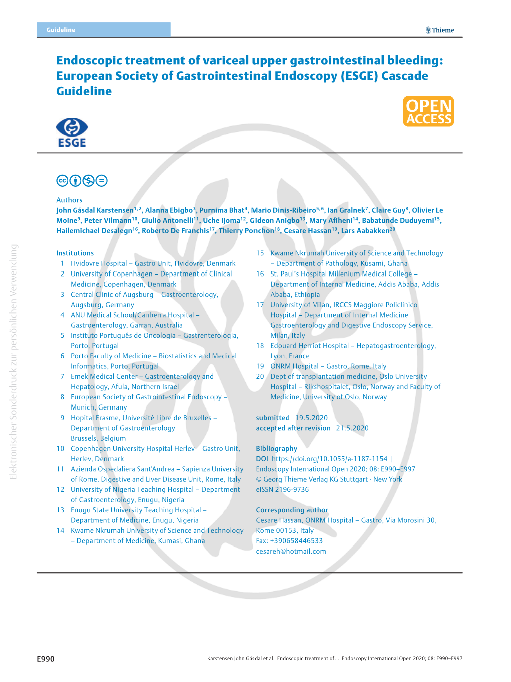 Endoscopic Treatment of Variceal Upper Gastrointestinal Bleeding: European Society of Gastrointestinal Endoscopy (ESGE) Cascade Guideline