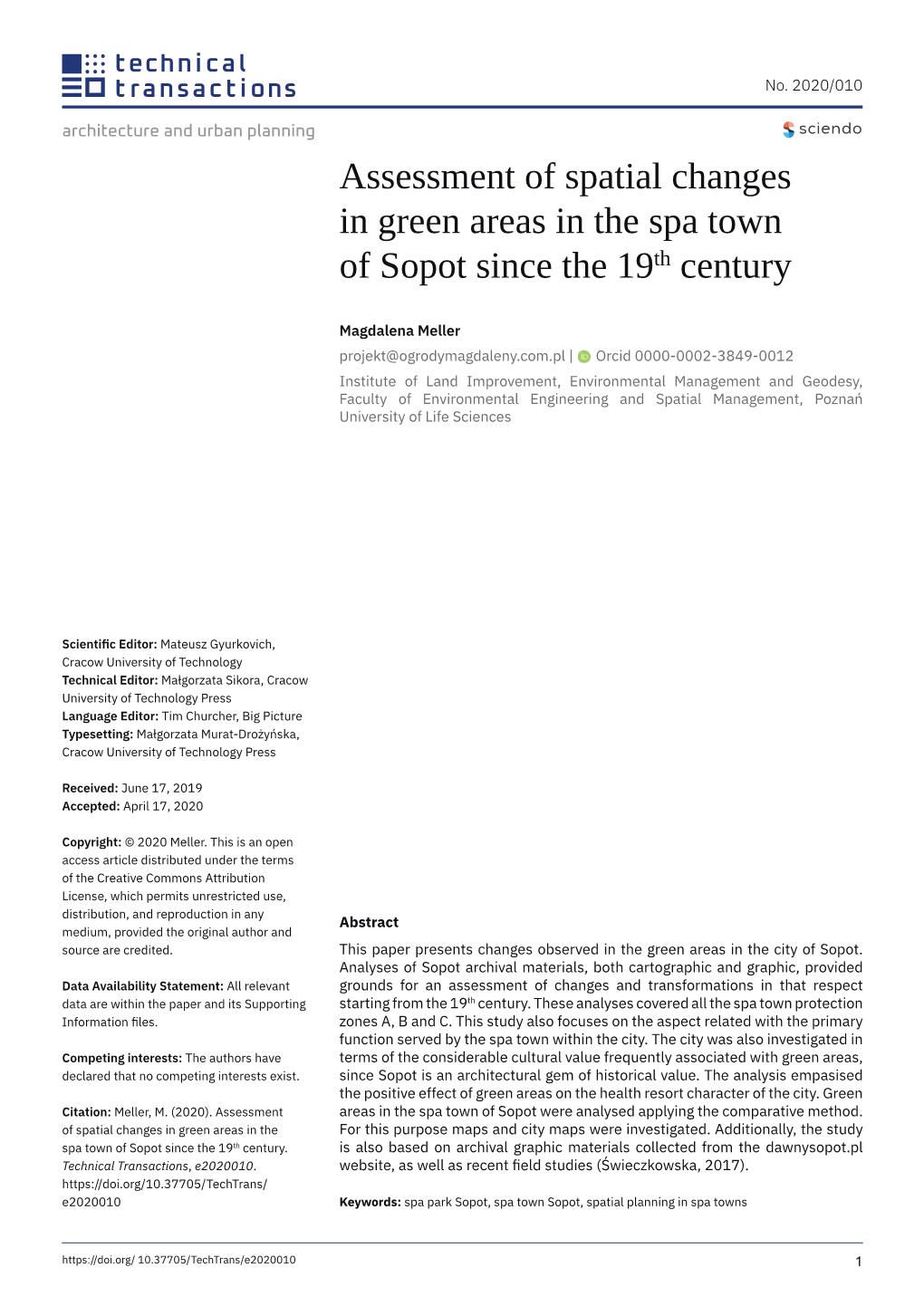 Assessment of Spatial Changes in Green Areas in the Spa Town of Sopot Since the 19Th Century