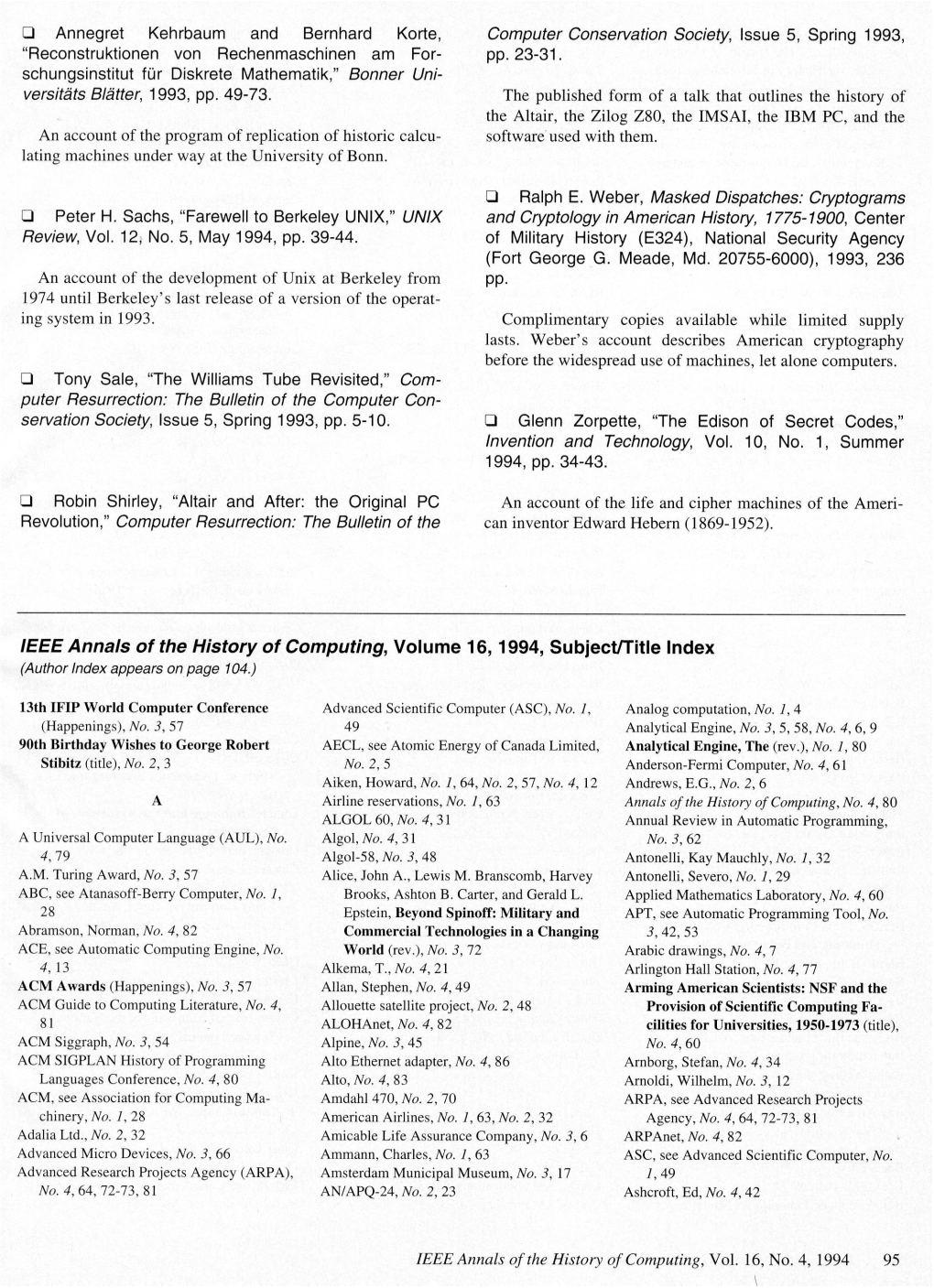 Ffe Annals of the History of Computing, Volume 16,1994, Subject/Title Index (Author Index Appears on Page 104.)