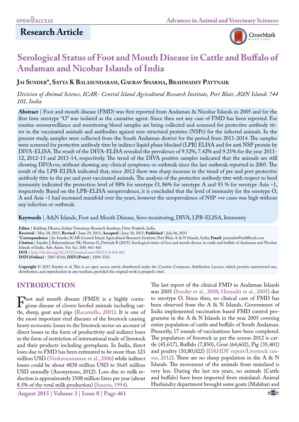 Research Article Serological Status of Foot and Mouth Disease in Cattle and Buffalo of Andaman and Nicobar Islands of India