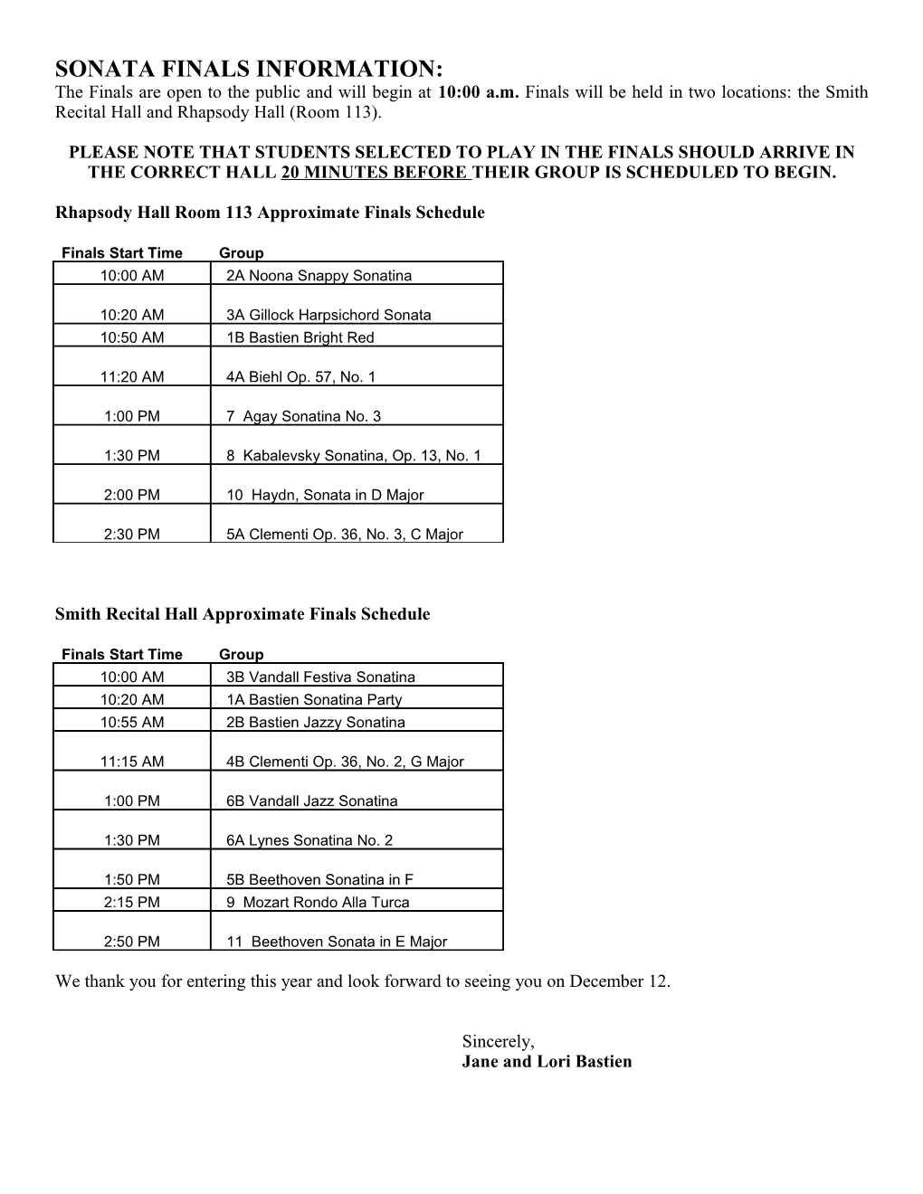 Sonata Finals Information