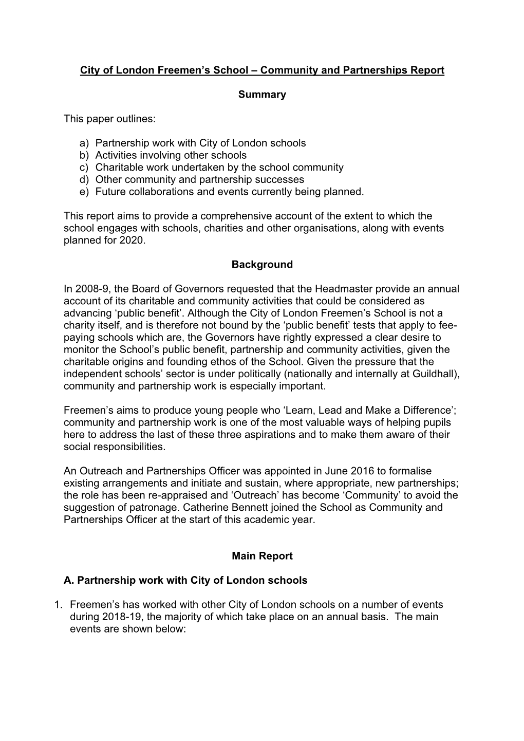 City of London Freemen's School – Community and Partnerships