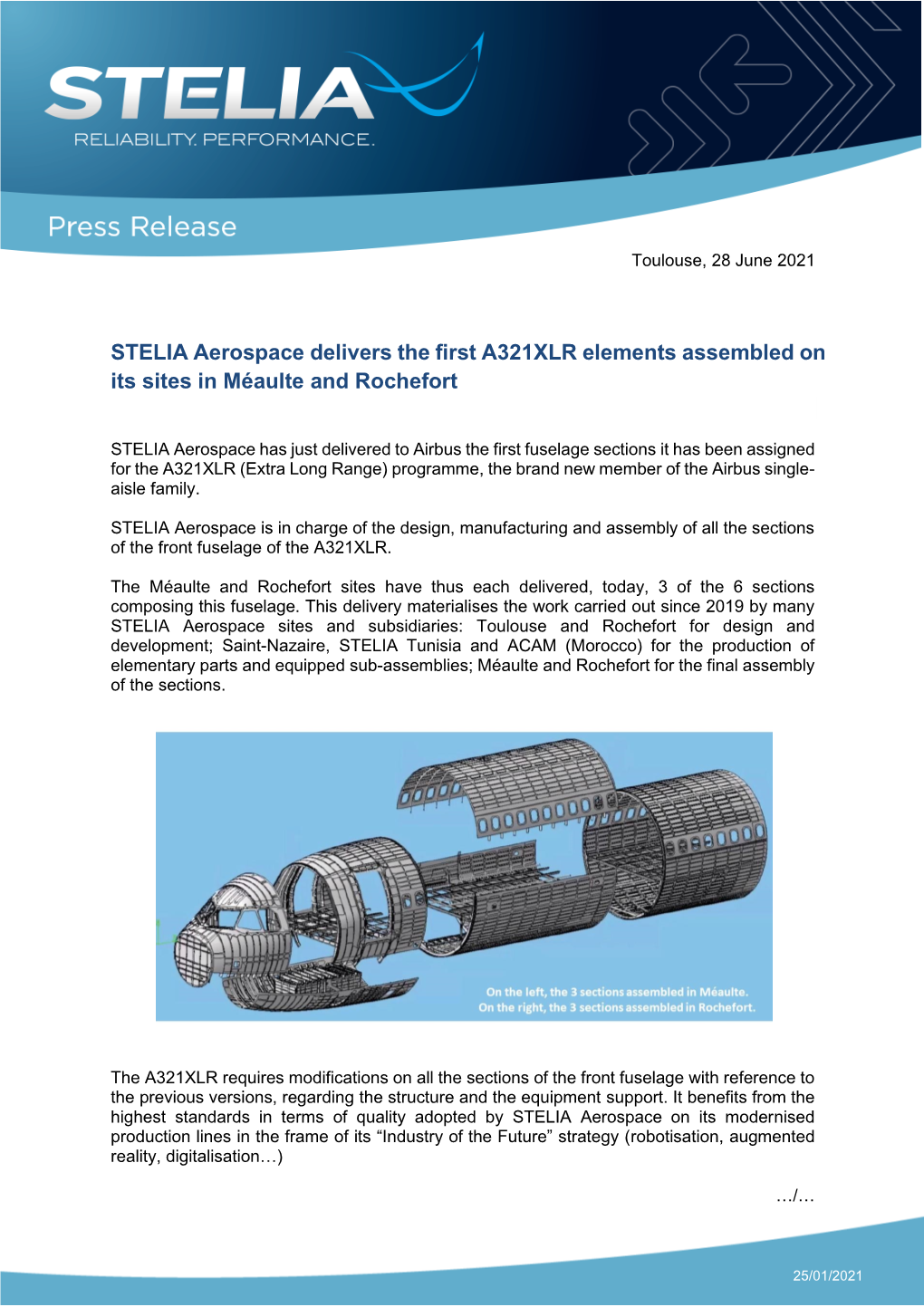 STELIA Aerospace Delivers the First A321XLR Elements Assembled on Its Sites in Méaulte and Rochefort