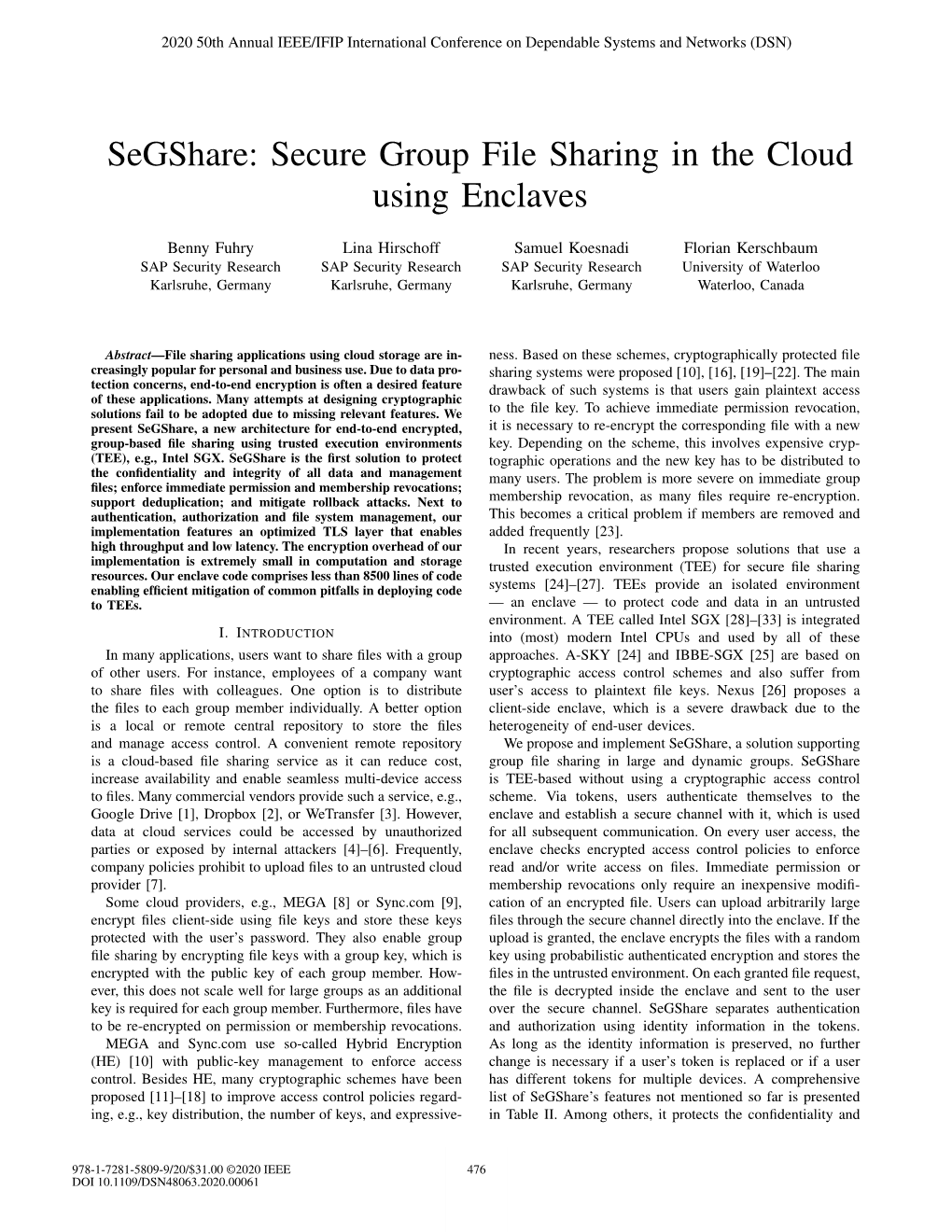 Segshare: Secure Group File Sharing in the Cloud Using Enclaves